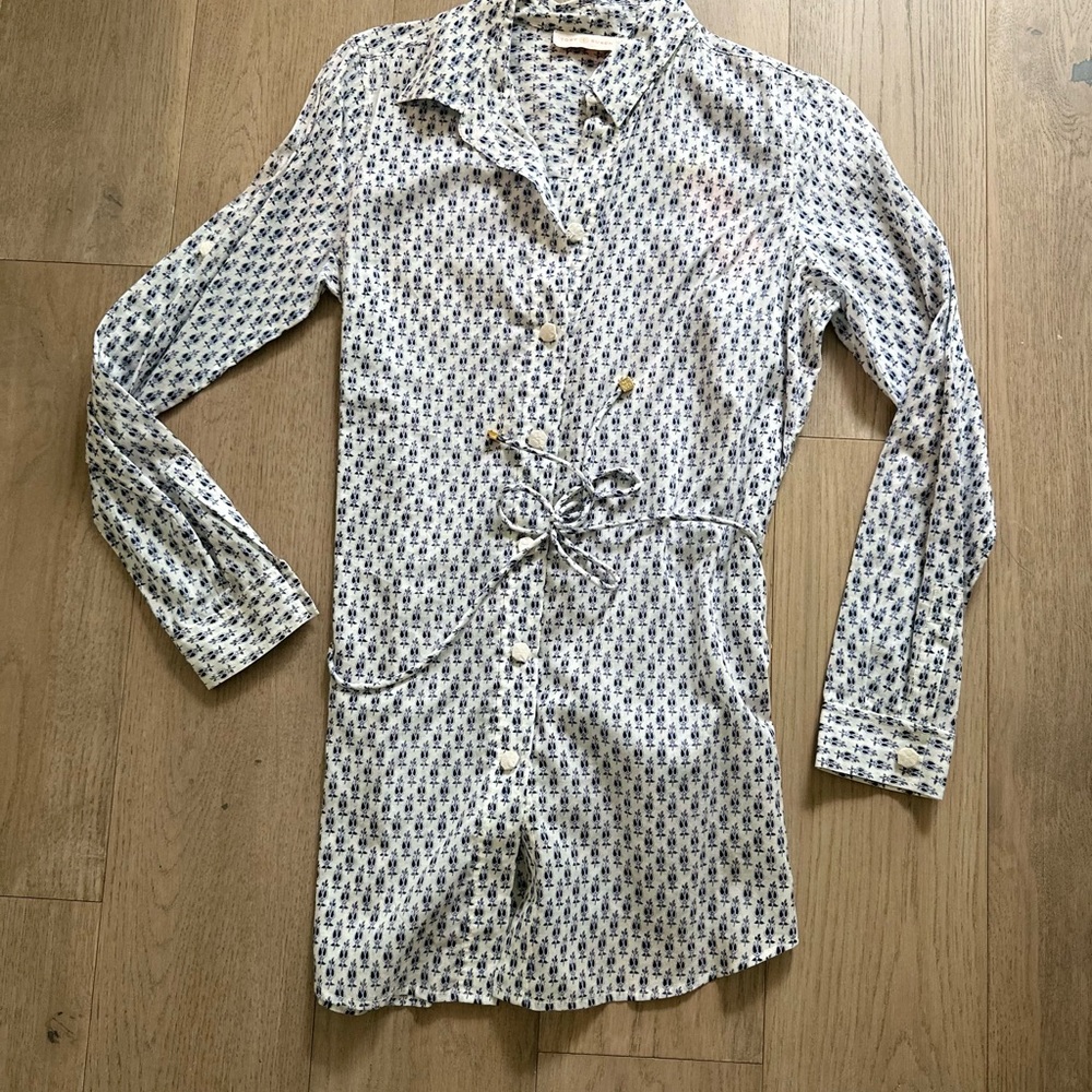 Tory Burch Navy and White Floral Shirt(Belt Tunic)